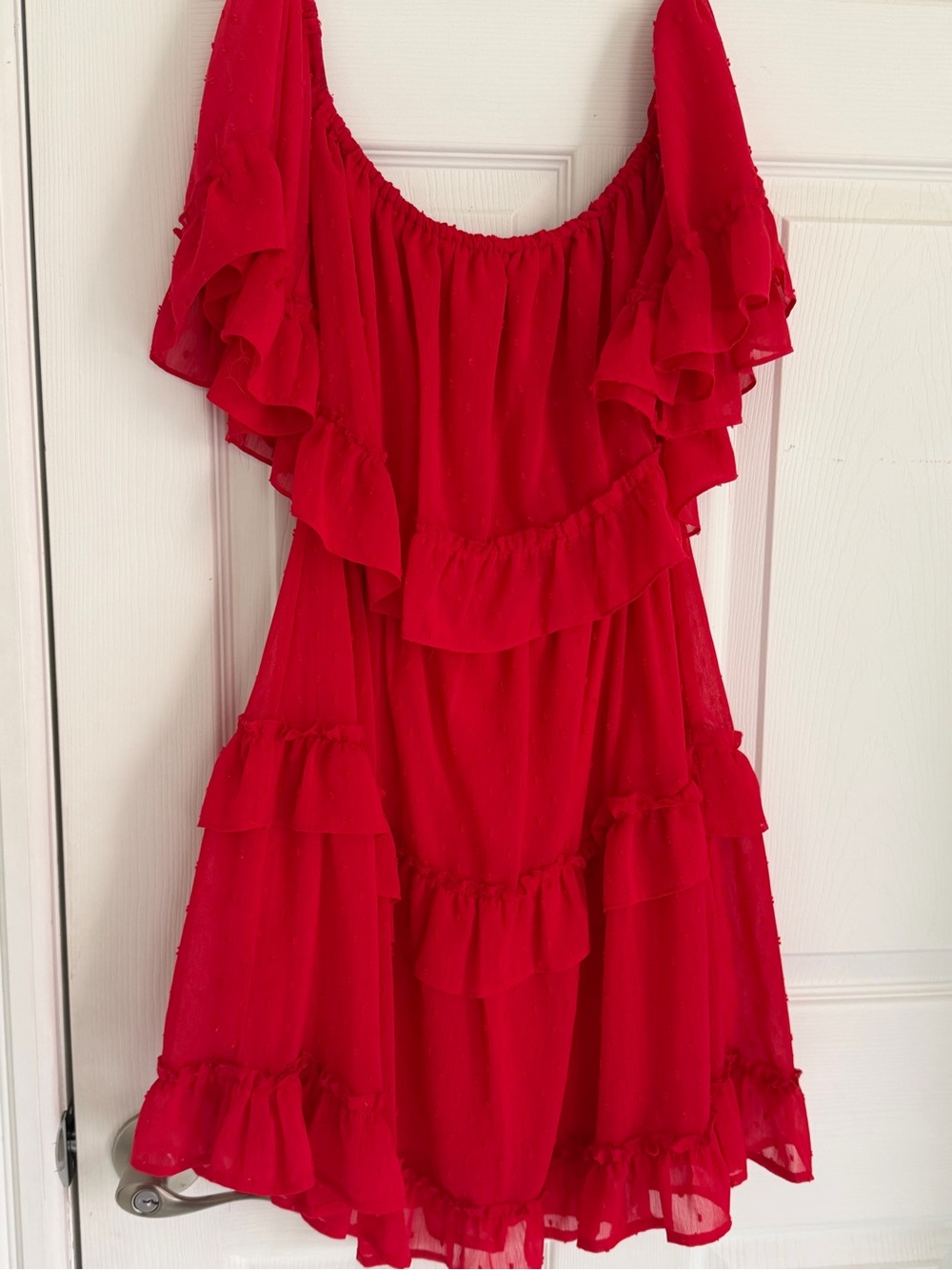 Loveriche Red Off Shoulder Swiss Dot Ruffle Dress Small Boho Flamenco
